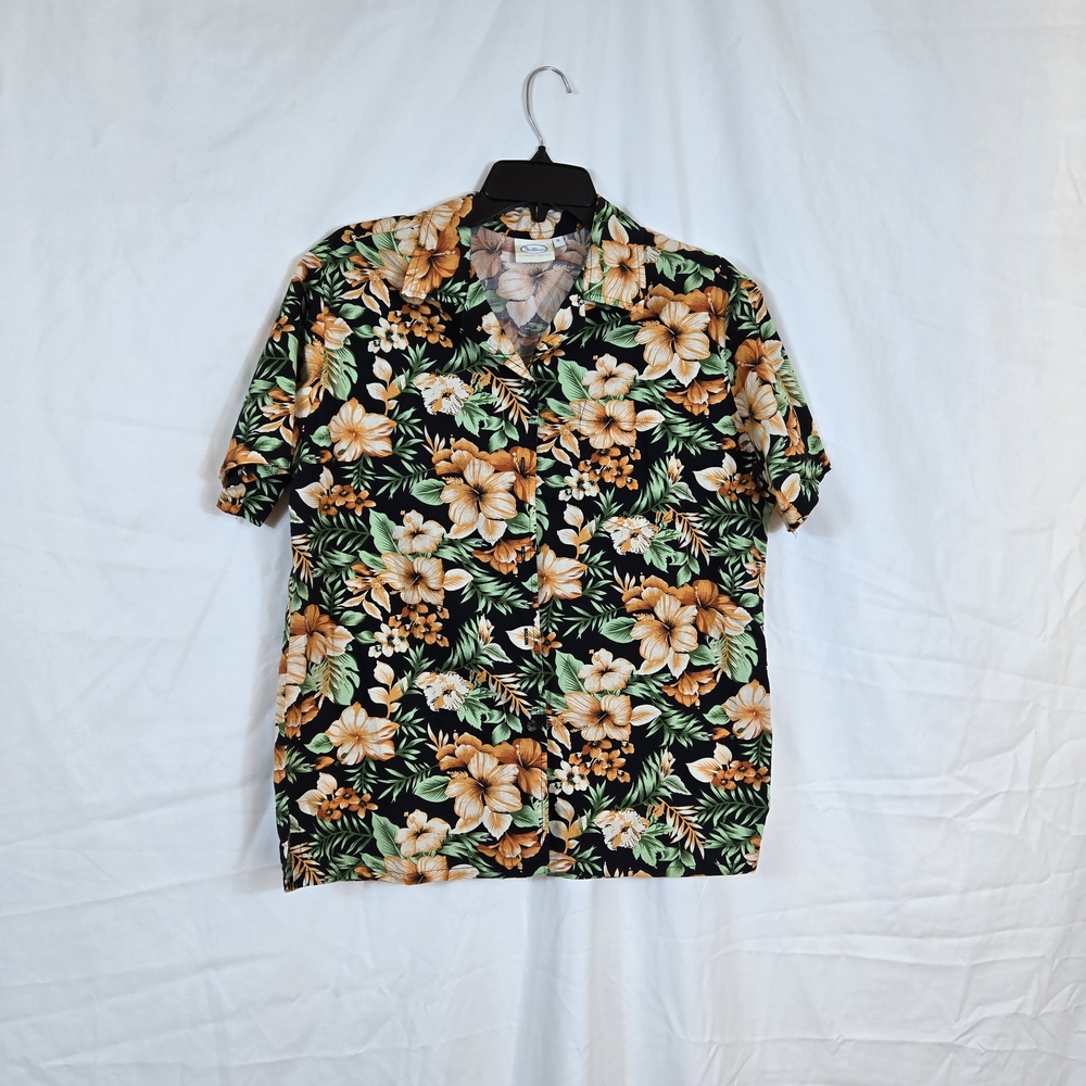 Go Barefoot Women's Black Orange Hibiscus Print Short Sleeve Hawaiian Shirt Medi